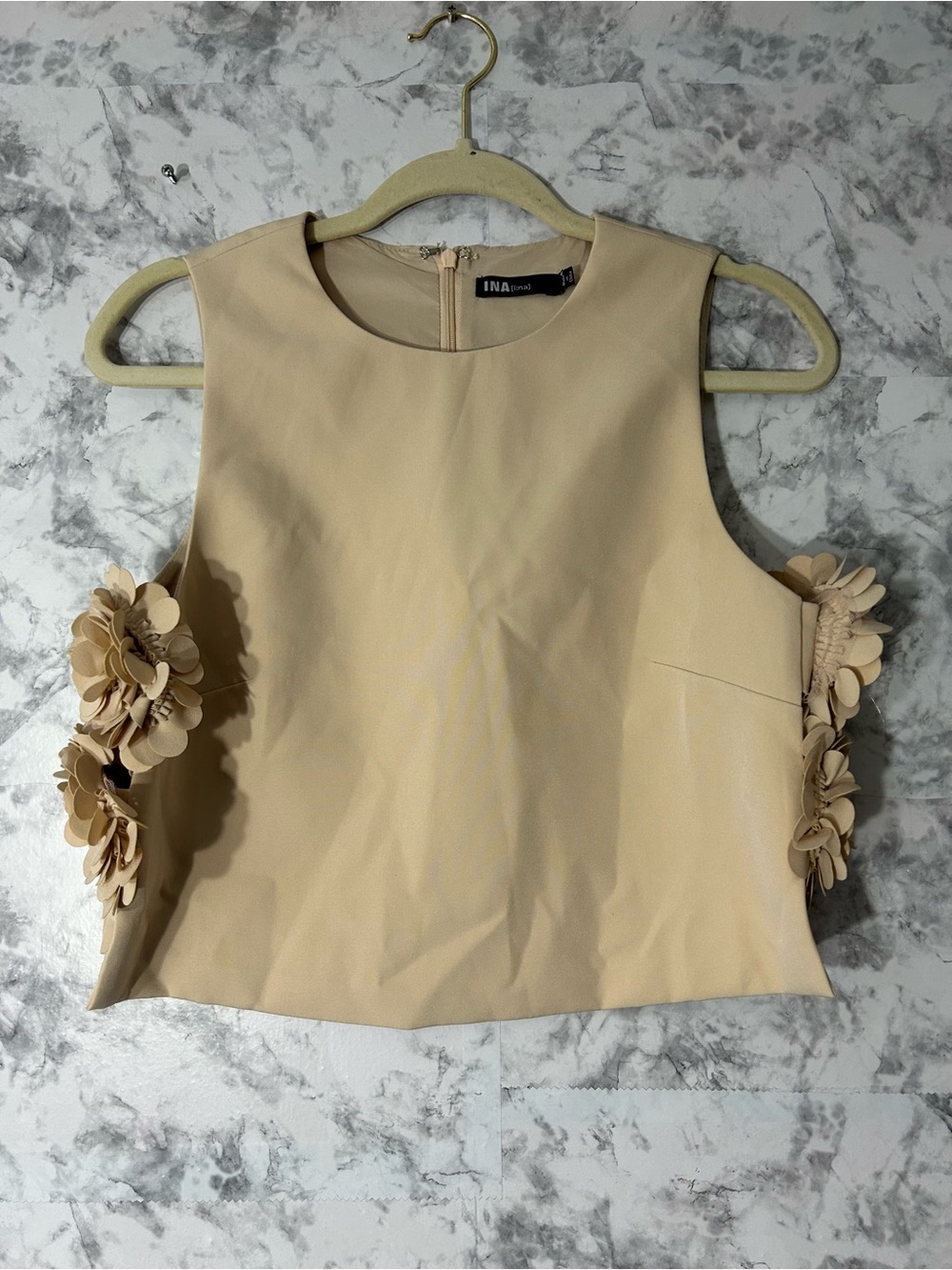 Ina Beige Floral-Applique Sleeveless Crop Top with Side Flowers